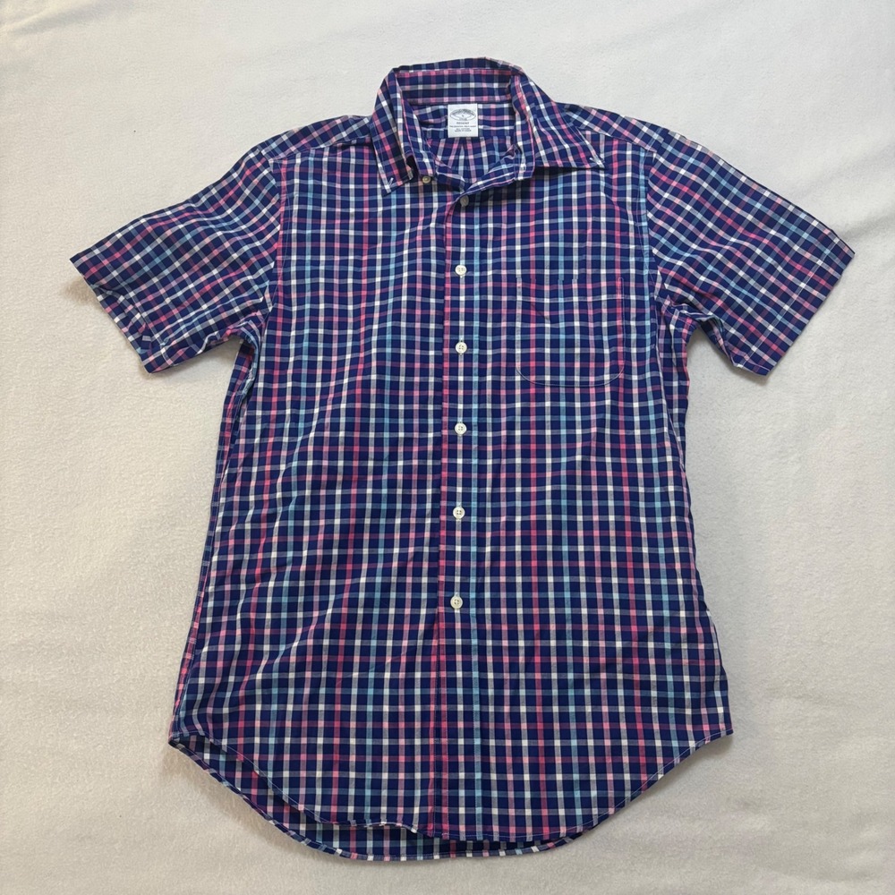 Brooks Brothers Regent Plaid Short Sleeve Button Down Shirt Mens Small Navy Pink